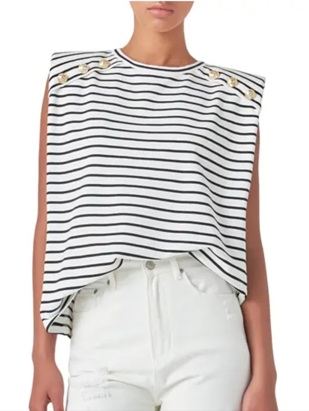 NWT Anthropologie × English Factory Power Shoulder Top Striped Nautical Preppy L - Picture 4 of 14